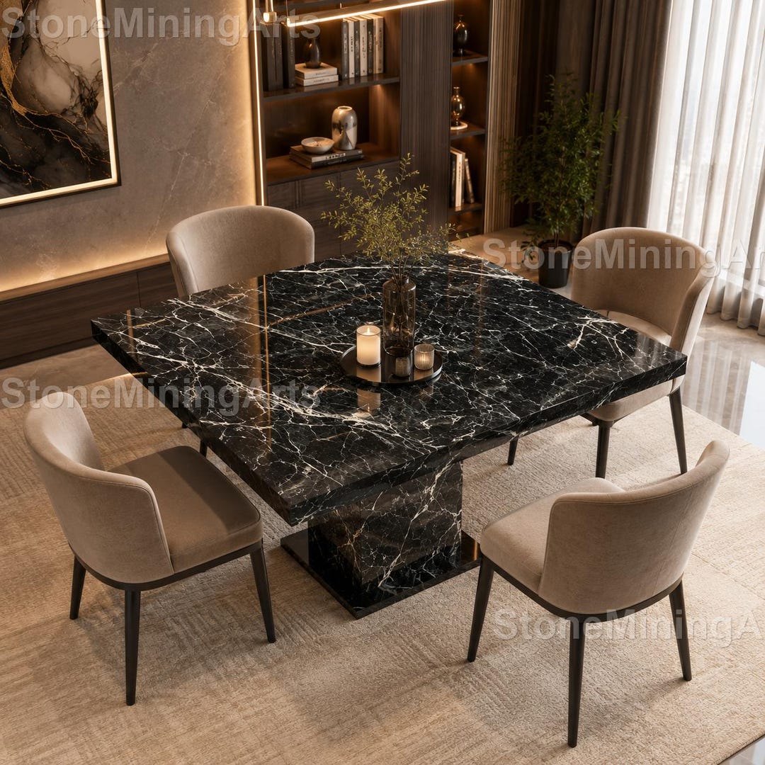 Black Marble Dining Table – Minimalist Nero Marquina Stone Pedestal ...