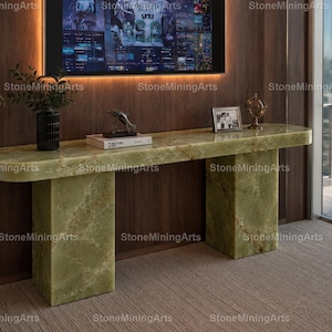 Luxury Green Onyx Console Table, Handmade Natural Stone Entryway Table, Modern Hallway Accent Furniture table top Green Onyx Console Table,