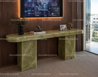 Luxury Green Onyx Console Table, Handmade Natural Stone Entryway Table, Modern Hallway Accent Furniture table top Green Onyx Console Table,