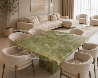 Green Onyx Dining Table | Luxury Natural Stone Square Dining Table | Modern Luxury Green Onyx Dining Table | Square Stone Pedestal Table |