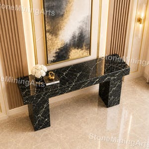 Black & White Veined Marble Console Table – Nero Marquina Entryway Table – Modern Luxury Hallway Decor Rectangular Luxury Stone Table