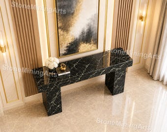 Black & White Veined Marble Console Table – Nero Marquina Entryway Table – Modern Luxury Hallway Decor Rectangular Luxury Stone Table