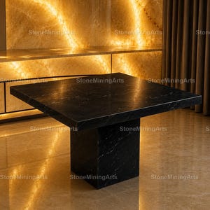 Black Spider Marble Square Dining Table | Modern Pedestal Stone Dining Furniture