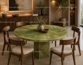 Luxury Green Onyx Round Dining Table | Modern Marble Dining Table | Stone Pedestal Table | Luxury Round Marble Table | Green Onyx Dining top