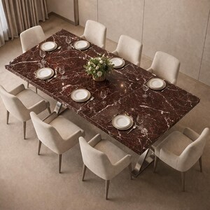 Red Marble Dining Table – Luxury Rectangular Stone Table with Black Metal X Base, Modern Statement Dining Room Coffee Dining Table Top |
