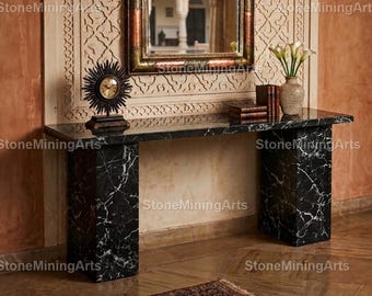 Handcrafted Black Marble Console Table with Square Pillar Legs | Nero Marquina Style Entryway Table | Luxury Modern Stone Hallway Decor.