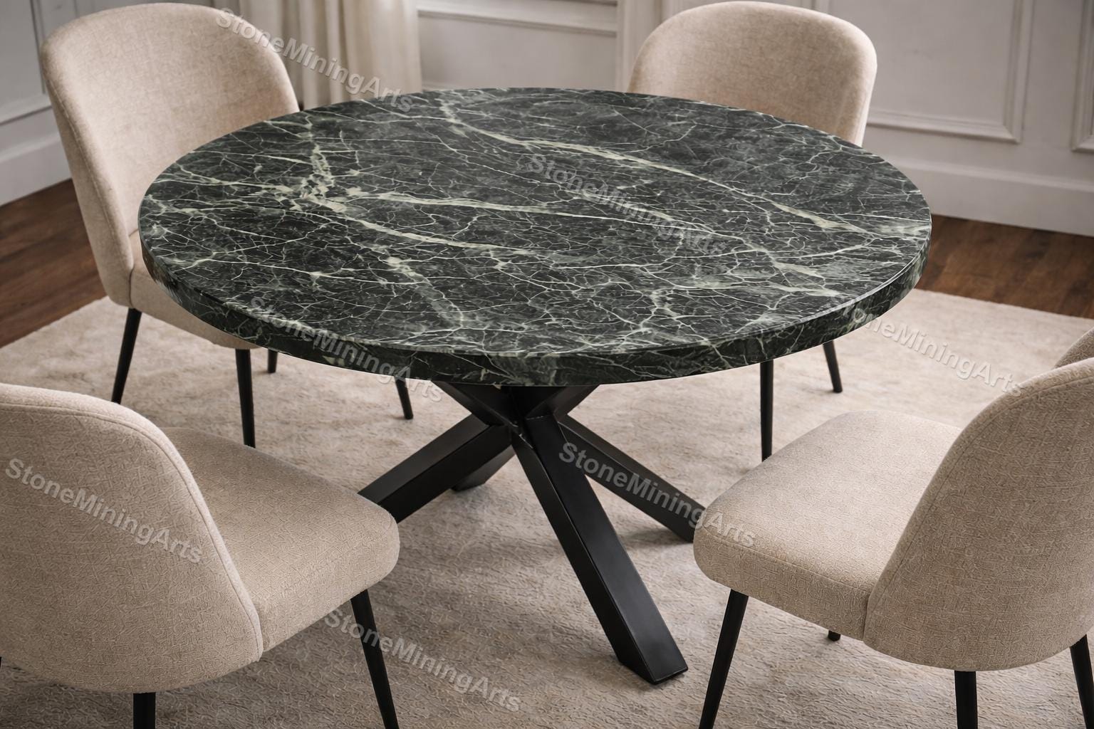 Round Black Marble Dining Table With Spider Metal Base | Luxury Natural ...