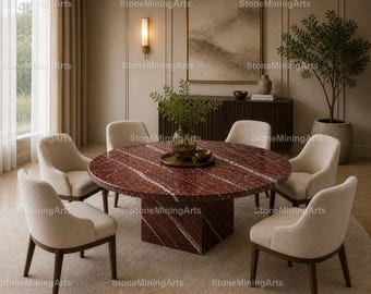 Luxury Rosso Levanto Marble Dining Table, Round Natural Stone Dining Table, Handmade Luxury Furniture Rosso Levanto Marble Dining Table, top
