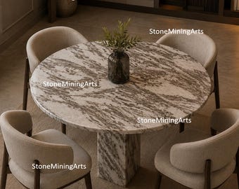 Luxury Calacatta Marble Round Dining Table | Modern Stone Pedestal Table | Contemporary Dining Room Furniture Round Calacatta Marble Dining
