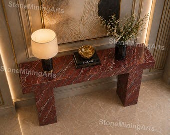 Rosso Levanto Marble Console Table, Red Marble Entryway Table, Luxury Stone Console, Modern Minimalist Hallway Table, Red Veined Furniture