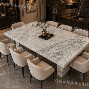Mesa de comedor de mármol lila – Mesa de comedor rectangular de lujo con vetas blancas y lilas pulidas, mesa de piedra natural de diseño moderno y elegante
