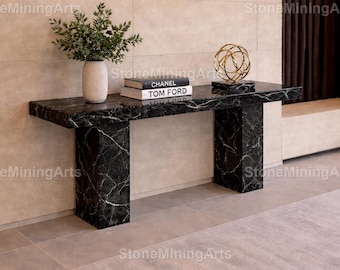 Black Marble Entryway Table – Nero Marquina Console Table with Square Pillar Legs – Geometric Stone Slab Sofa Table  Luxury Modern Furniture