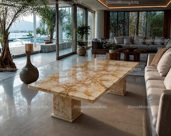 Luxury Honey Onyx Coffee Table | Rectangular Onyx Stone Center Table | Handmade Modern Living Room Table | Luxury Rectangular Stone Table |
