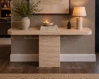 Travertine Console Table | Minimalist Stone Entryway Table | Handmade Modern Marble Furniture Luxury Beige Travertine Console Table top |
