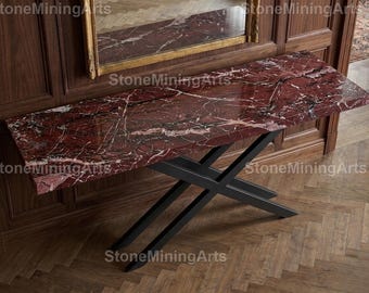 Rosso Levanto Marble Console Table, Deep Red Stone Entryway Table, Black X-Base Luxury Console, Natural Marble Hallway & Modern Stone table