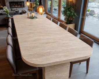 Travertine Dining Table | Handmade Natural Stone Dining Table top | Modern Luxury Pedestal Table | Handmade Beige Stone Pedestal Table top|