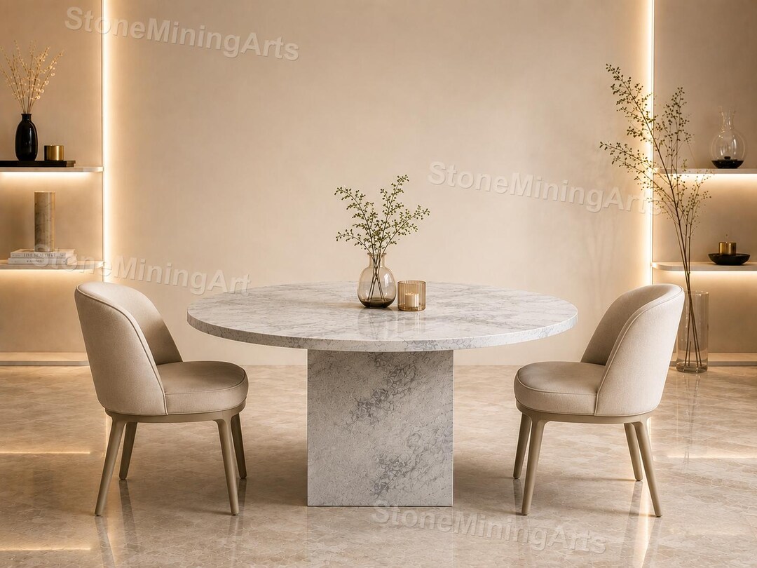 Round Calacatta Marble Dining Table With Pedestal Base – Luxury Stone ...