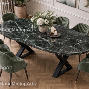 Marmurowy stół jadalny Spider Green z nowoczesną rzeźbioną podstawą | Luksusowy prostokątny stół kamienny do designerskich wnętrz, marmurowy stół jadalny