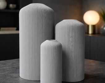 Modern Ribbed Gray Vase | Minimalist 3D Printed Home Decor | 3 sizes