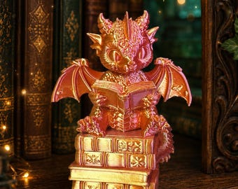 Dragon Figurine Reading on Books |  24-Color Book Nook Decor