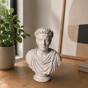 May include: A light gray stone-textured bust of a Roman figure wearing a laurel wreath crown and a draped toga. The sculpture features detailed facial features, a circular brooch on the shoulder, and a pedestal base, capturing a classic aesthetic.