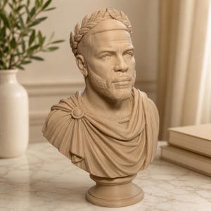May include: A beige bust sculpture of a person with a short beard and a fade haircut, wearing a laurel wreath crown and a draped toga fastened with a circular brooch on the right shoulder, set on a pedestal base with a smooth matte finish.