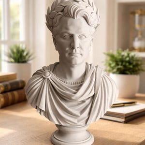 May include: A light gray bust sculpture of a person wearing a laurel wreath on their head and a draped toga-style garment fastened with a circular brooch on the right shoulder. The figure has a neutral expression and is set on a pedestal base.