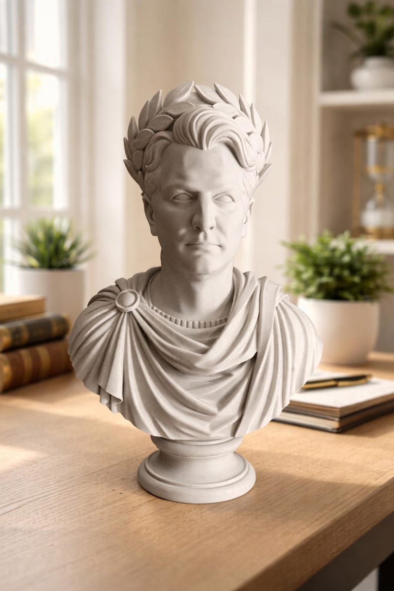 May include: A light gray bust sculpture of a person wearing a laurel wreath on their head and a draped toga-style garment fastened with a circular brooch on the right shoulder. The figure has a neutral expression and is set on a pedestal base.