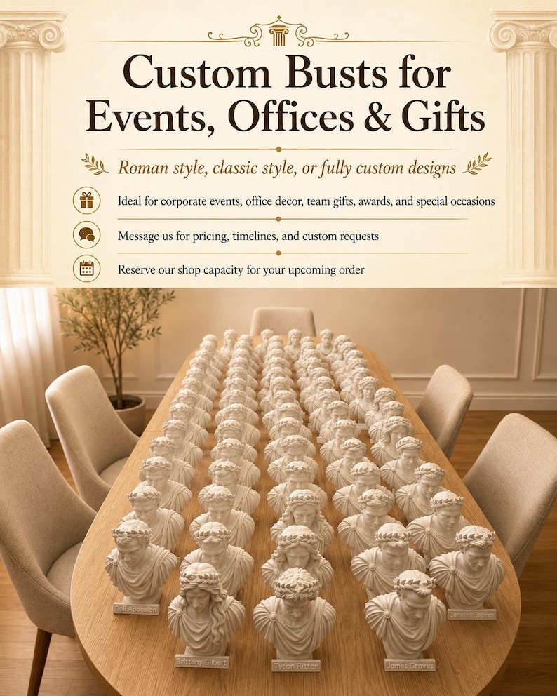 Puede incluir: Una gran colecci&oacute;n de bustos blancos de estilo cl&aacute;sico dispuestos sobre una larga mesa de madera. Cada busto muestra una figura con una corona de laurel. La imagen incluye el texto: Custom Busts for Events, Offices & Gifts, Roman style.