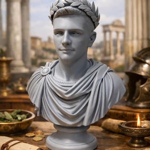 May include: A light gray bust of a young person wearing a laurel wreath on their head and a draped toga fastened with a circular brooch at the shoulder. The sculpture features detailed facial features and realistic fabric folds on the garment.