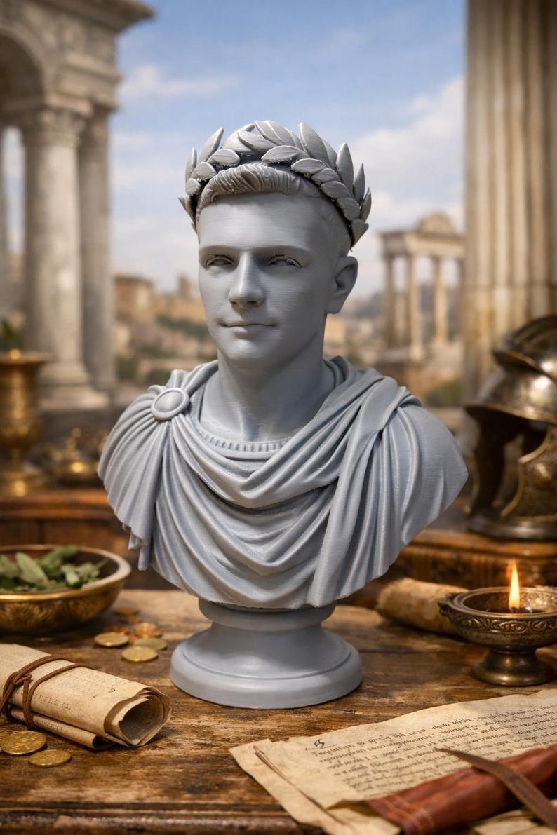 May include: A light gray bust of a young person wearing a laurel wreath on their head and a draped toga fastened with a circular brooch at the shoulder. The sculpture features detailed facial features and realistic fabric folds on the garment.