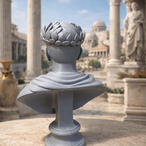 May include: A grey bust of a figure wearing a laurel wreath on their head, viewed from behind. The sculpture features a smooth, matte finish, a draped garment over the shoulders, and a circular pedestal base, showcasing fine 3D printed texture lines.