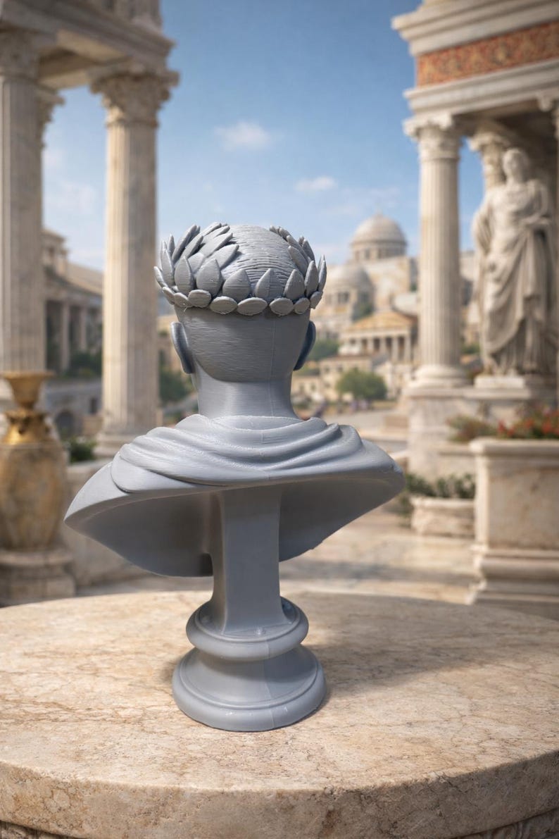 May include: A grey bust of a figure wearing a laurel wreath on their head, viewed from behind. The sculpture features a smooth, matte finish, a draped garment over the shoulders, and a circular pedestal base, showcasing fine 3D printed texture lines.