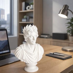 May include: A white bust sculpture of a person with wavy hair wearing a laurel wreath and a draped toga. The figure has a calm facial expression and is mounted on a circular pedestal base, showcasing detailed folds in the fabric and hair texture.