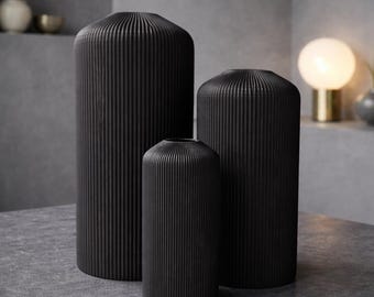 Minimalist Ribbed Black Vase | Modern 3D Printed Home Decor | 3 sizes