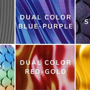 Puede incluir: Una cuadr&iacute;cula de seis muestras de color etiquetadas como Gray Matte, Dual Color Blue-Purple, Galaxy Stardust Purple, Rainbow, Dual Color Red-Gold y Gold. Cada muestra presenta una textura o acabado distinto, incluyendo ondas suaves, patrones de escamas repetitivos y purpurina.
