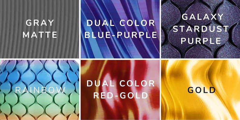 Puede incluir: Una cuadr&iacute;cula de seis muestras de color etiquetadas como Gray Matte, Dual Color Blue-Purple, Galaxy Stardust Purple, Rainbow, Dual Color Red-Gold y Gold. Cada muestra presenta una textura o acabado distinto, incluyendo ondas suaves, patrones de escamas repetitivos y purpurina.