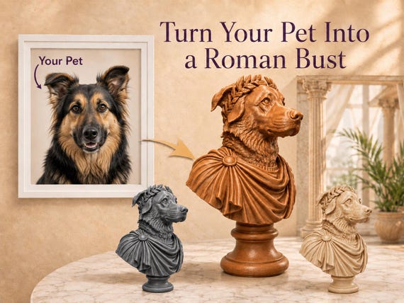 Personalized PET Roman Bust Sculpture | Custom Caesar-Pet Portrait Statue (24 Colors)
