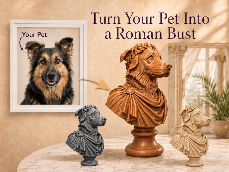 Puede incluir: Una fotograf&iacute;a enmarcada de un perro junto a tres bustos de perro de estilo romano, cada uno con una corona de laurel y una toga drapeada. El texto dice: Turn Your Pet Into a Roman Bust. Los bustos tienen acabados en gris oscuro, marr&oacute;n y crema.