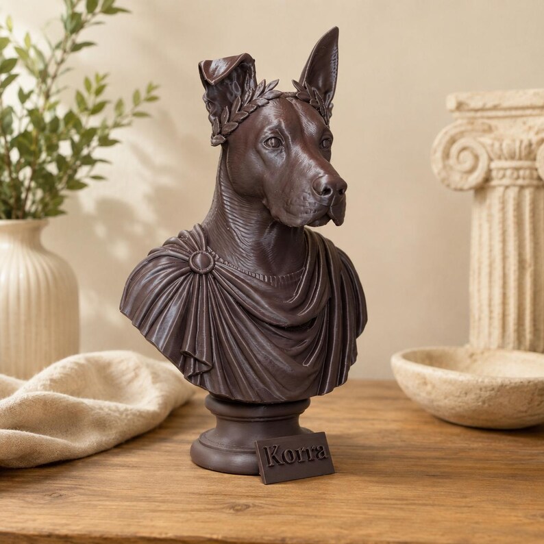 Puede incluir: Un busto de perro de color marr&oacute;n oscuro que lleva una corona de laurel y una prenda drapeada estilo toga. La escultura presenta un broche circular en el hombro y una placa rectangular en la base con el texto "Korra" grabado en relieve.