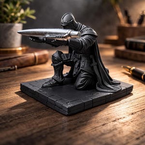 Può includere: Statuetta nera di un cavaliere inginocchiato che tiene un oggetto cilindrico argentato. Il cavaliere indossa un'armatura dettagliata e un mantello, su una base quadrata strutturata. Sfondo con superficie in legno e lampada da scrivania.