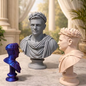 May include: Three busts of a person wearing a laurel wreath. One bust is metallic blue, one is matte gray, and one is a light beige color. Each bust features a draped garment over the shoulders and rests on a circular pedestal base.