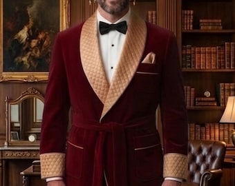Giacca da fumo da uomo di lusso in velluto bordeaux / Vestaglia da gentiluomo d'altri tempi / Collo a scialle in raso trapuntato / Giacca da sera vintage