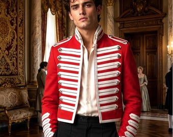 Giacca da ussaro rossa da uomo / Cappotto militare da principe reale / Giacca da capobanda / Uniforme da parata reale / Giacca cerimoniale vittoriana