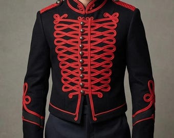 Napoleonic Black Hussar Jacket – Jimi Hendrix Style Military Pelisse Coat, Vintage Parade Tunic, Gothic Festival Uniform