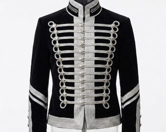 Women's Black Velvet Hussar Jacket, Military Band Tunic, Silver Braided Parade Coat