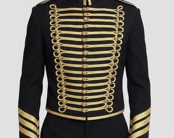 Napoleonic Black Hussar Jacket Gold Braided Military Band Uniform Formal Blazer Costume Wedding Groom
