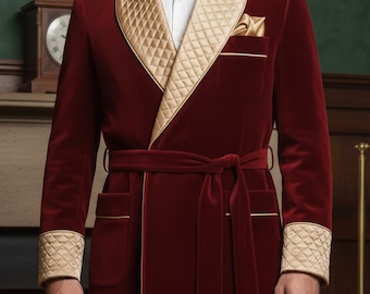 Burgundy Velvet Robe Smoking Jacket: Men's Quilted Lapel Dressing Gown