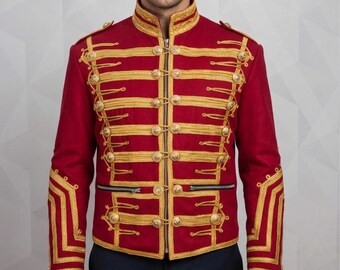 Giacca da uomo Jimi Hendrix rossa da ussaro / Cappotto da parata vittoriano con trecce dorate / Uniforme militare del principe reale / Giacca da direttore di banda