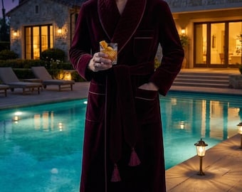 Giacca da smoking in velluto bordeaux da uomo – Cappotto trapuntato di lusso con collo a scialle, abbigliamento da salotto vintage, vestaglia da gentiluomo vittoriano
